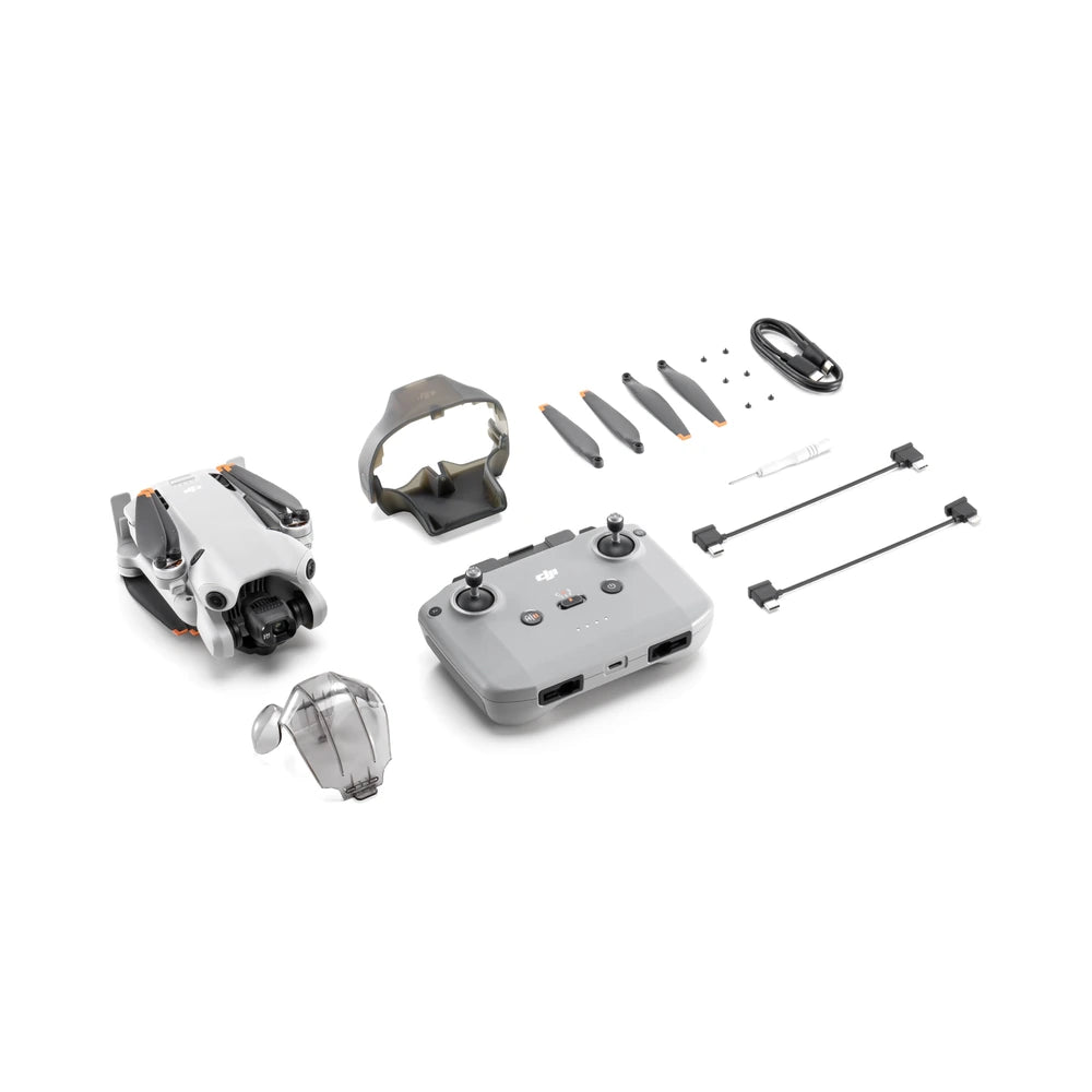 DJI Mini 4 Pro with DJI RC-N2 controller, flight battery, cables and included accessories.
