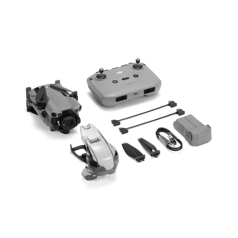 DJI Mini 5 Pro with DJI RC-N3 controller, standard flight battery, storage cover, cables and spare propellers.