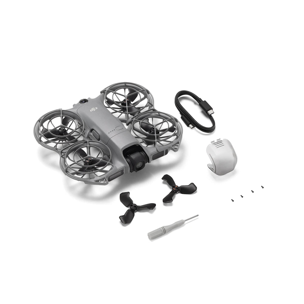 DJI Neo 2 Drone Only package with one battery, propeller guards, spare propellers, screws, gimbal protector, USB-C cable and screwdriver.