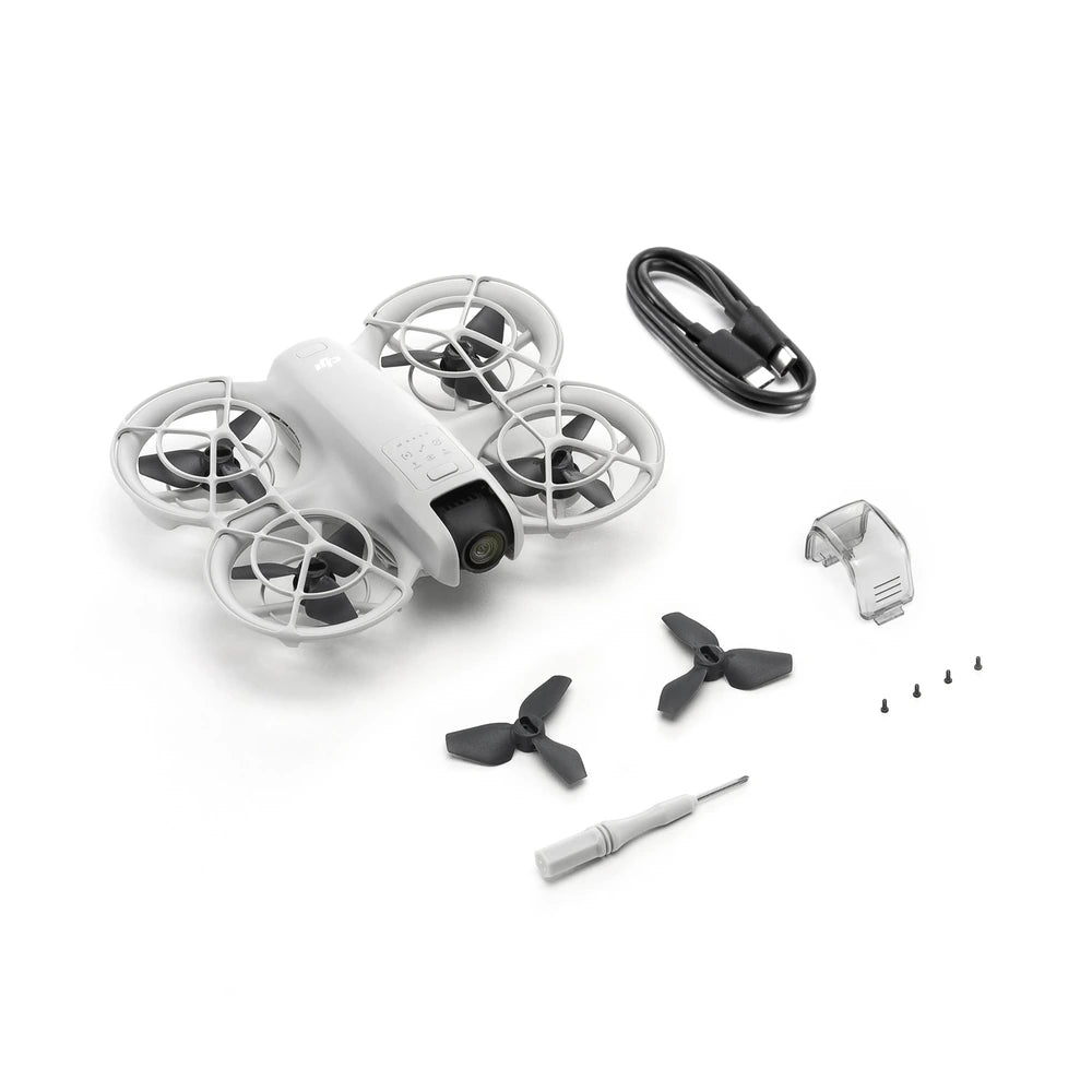 DJI Neo No RC package with one battery, propeller guards, spare propellers, gimbal protector, USB-C cable, screws and screwdriver.