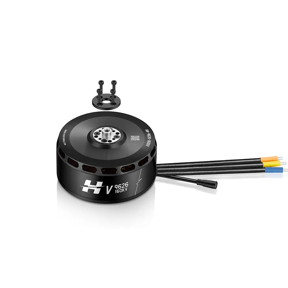 HOBBYWING V9626 160KV VTOL drone motor assembly setup with propeller and mounting components