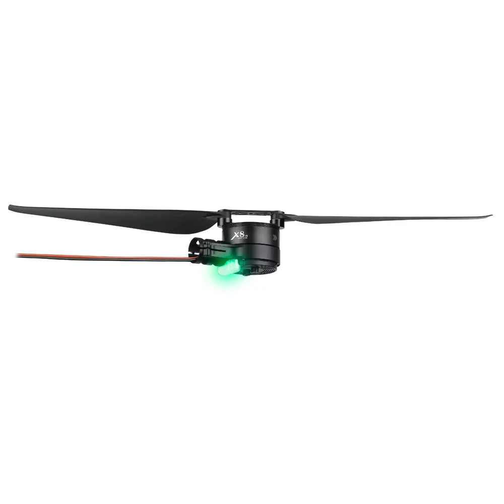 HOBBYWING X8 drone motor showing LED indicator light on, brushless drone motor for heavy lift UAVs
